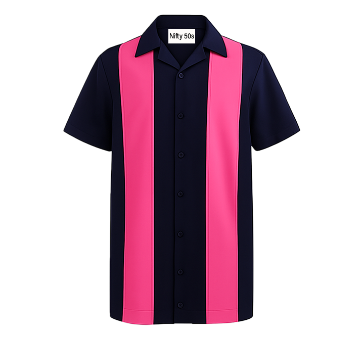 Black and  hot pink striped shirt with 'Nitty 50s' label on a white background