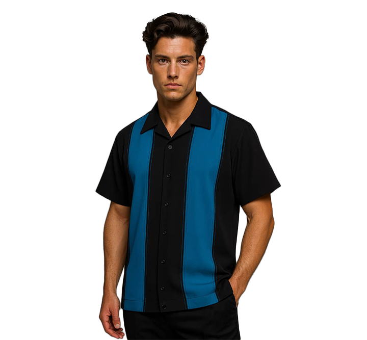 Black Teal Bodgie Double Panel Bowling Shirt - Nifty50's Retro Men's