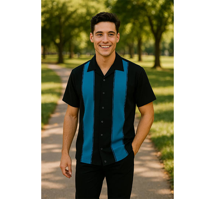 Black Teal Bodgie Double Panel Bowling Shirt - Nifty50's Retro Men's