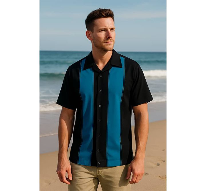 Black Teal Bodgie Double Panel Bowling Shirt - Nifty50's Retro Men's