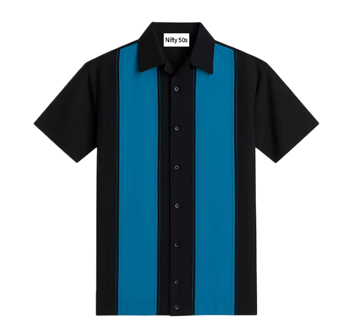 Black Teal Bodgie Double Panel Bowling Shirt - Nifty50's Retro Men's