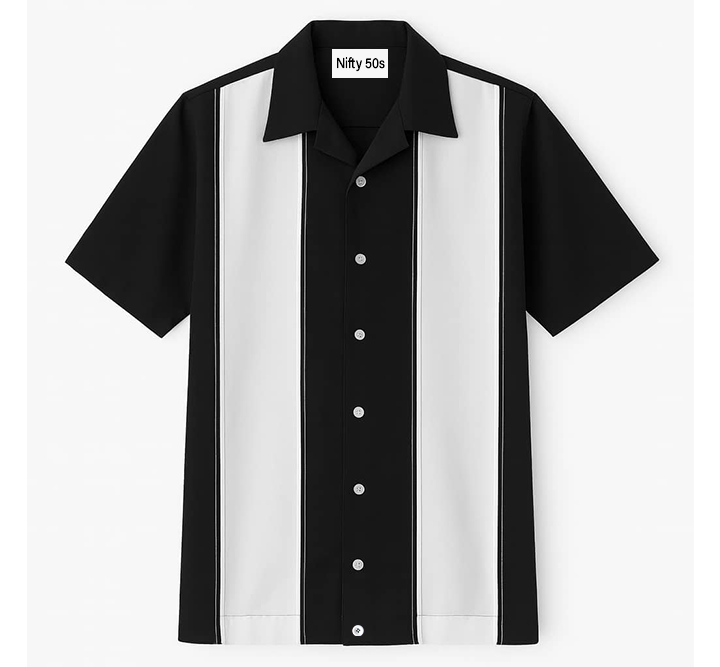 Black and white striped shirt with 'Nifty 50s' label on a white background