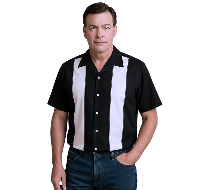 Man wearing a black and white striped shirt on a white background