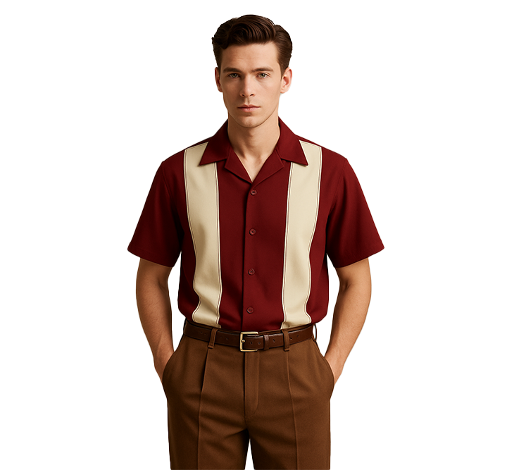 Man wearing a Burgundy and cream striped shirt with brown pants on a white background