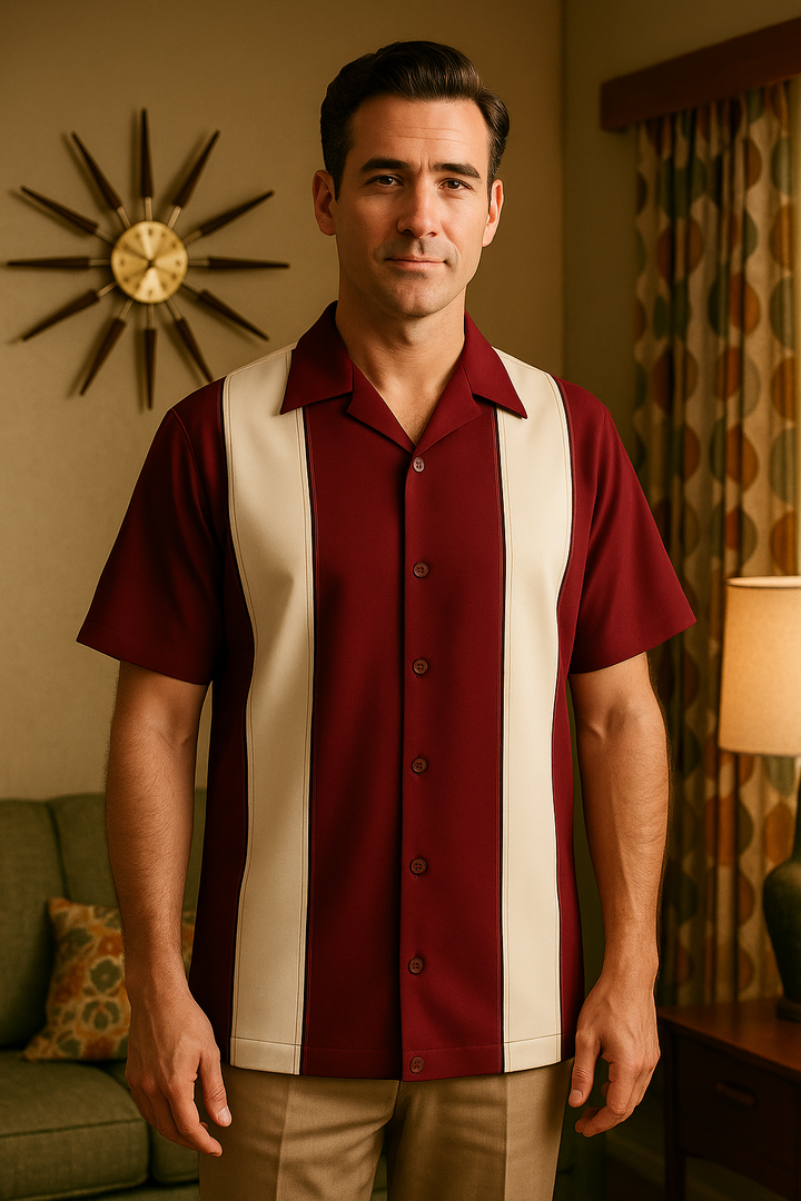 Man wearing a Burgundy and cream striped shirt in a living room setting
