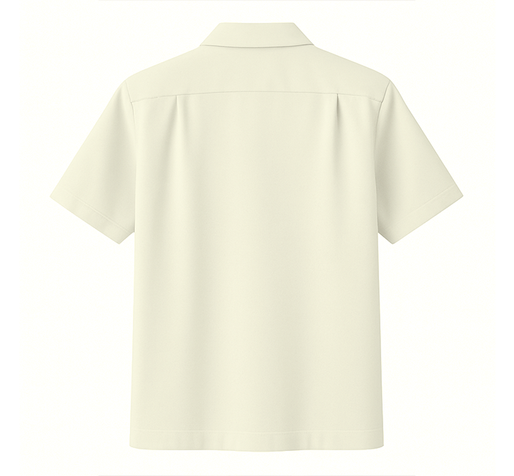 Back view of a cream-colored Bowling shirt on a white background