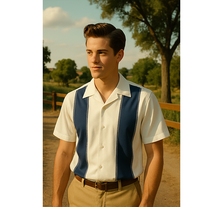 Man wearing a cream and Navy striped shirt outdoors with trees and a fence in the background