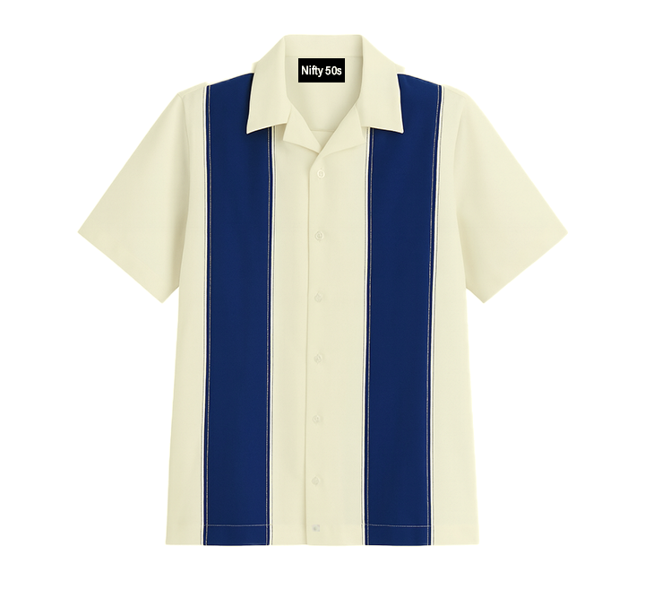 Cream shirt with Navy stripes on a white background, branded 'Nifty 50s'.