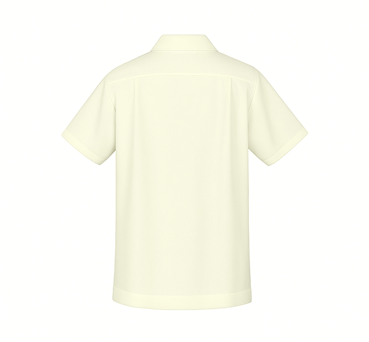 Back view of a creambowling shirt on a white background