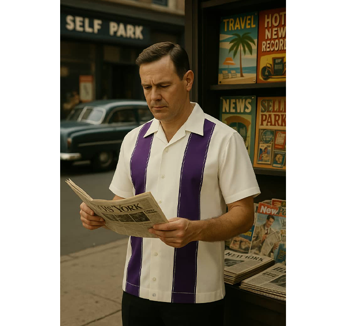 Man reading a newspaper in a store with vintage decor