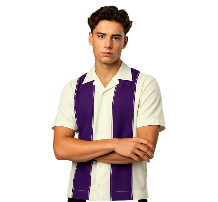 Man wearing a cream shirt with purple vertical stripes on a white background