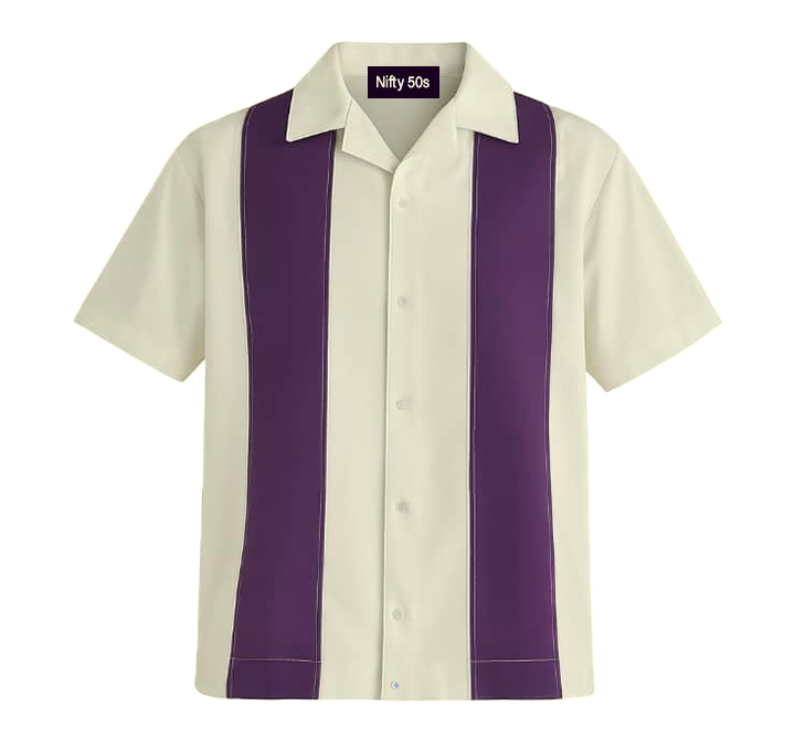 Cream shirt with purple stripes on a white background, featuring 'Nifty 50s' branding.