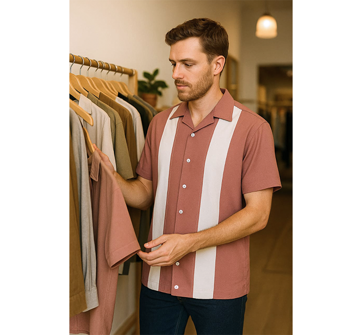 Man wearing a striped shirt standing next to a rack of clothes in a store.