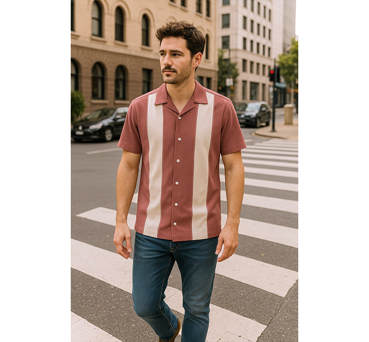 Man wearing a Dusty Pink and white striped shirt on a city street