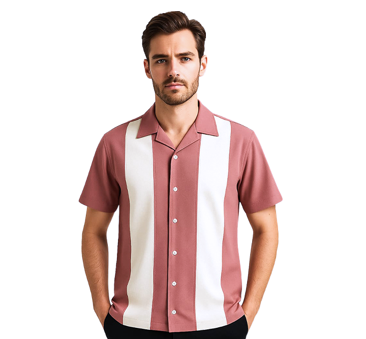Man wearing a Dusty Pink and white striped shirt on a white background