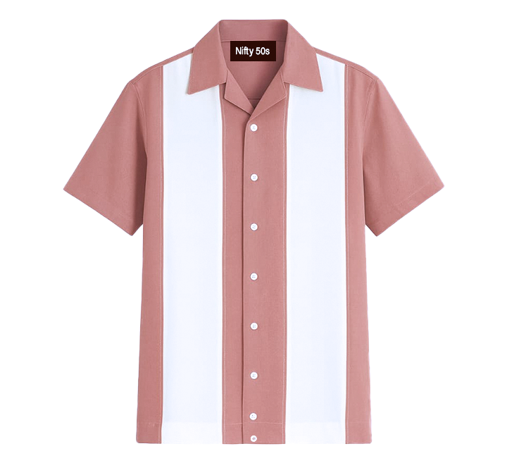 Dusty Pink and white shirt with 'Nifty 50s' label on a white background