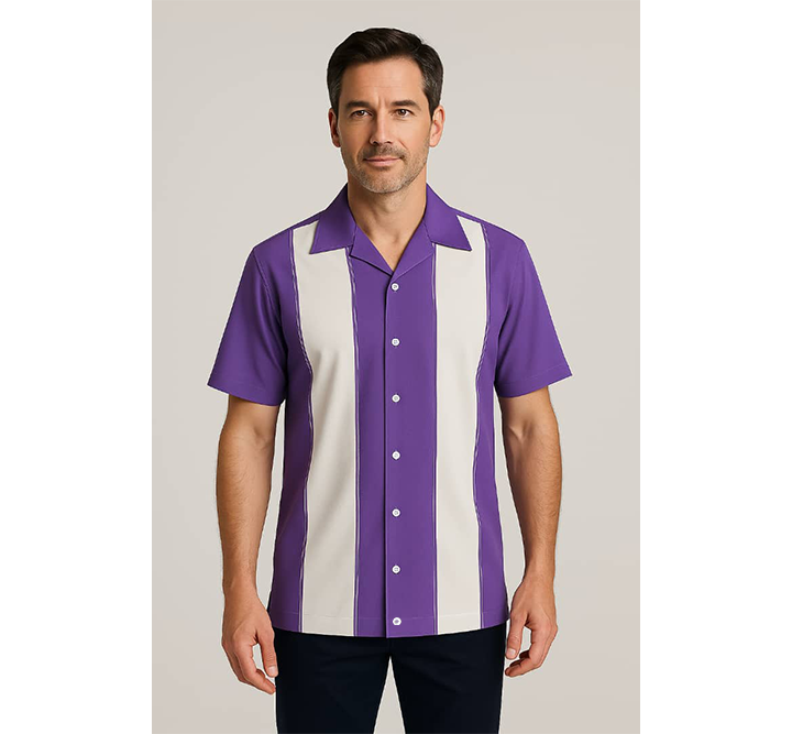 Man wearing a Lilac and white striped shirt against a plain background