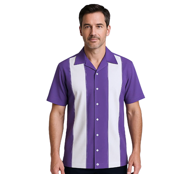 Man wearing a Lilac and white striped shirt on a white background