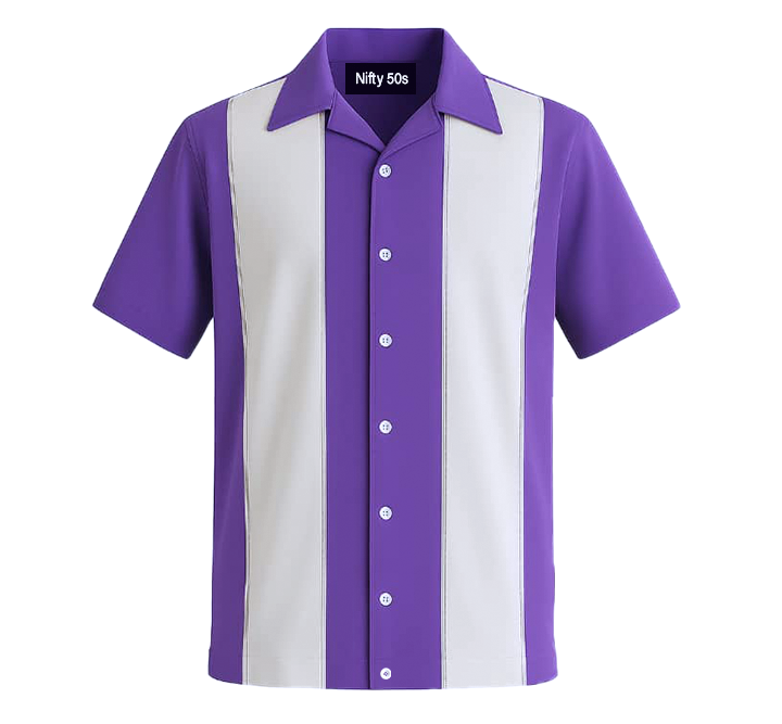 Lilac and white shirt with 'Nitty 50s' label on a white background