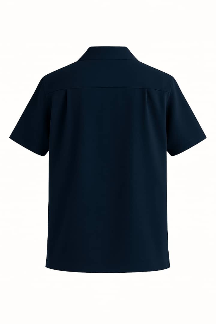 Navy blue bowling shirt back on a white background