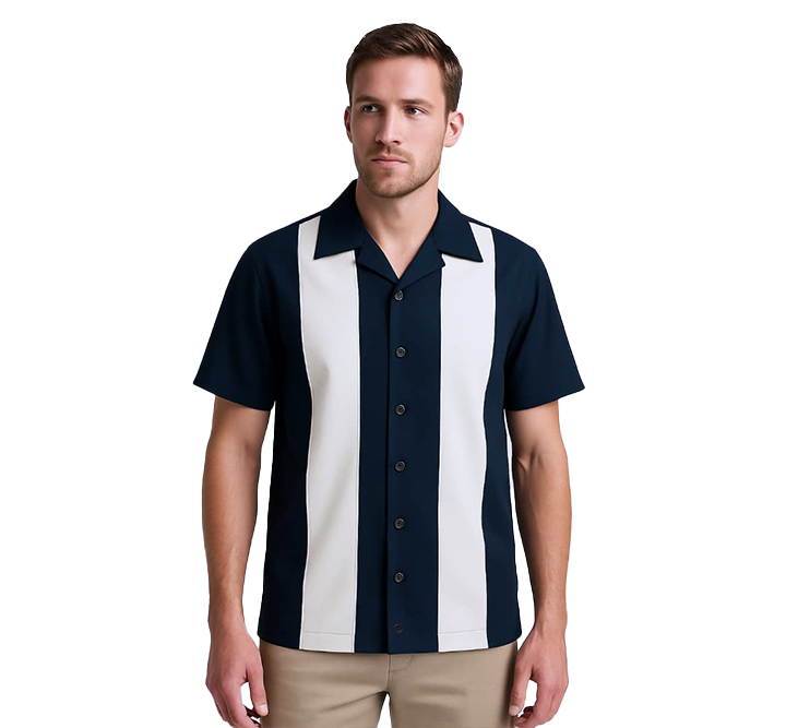 Man wearing a navy and white striped shirt on a white background