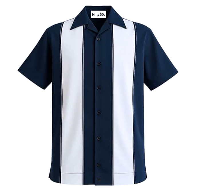 Navy and white striped shirt with button details on a white background