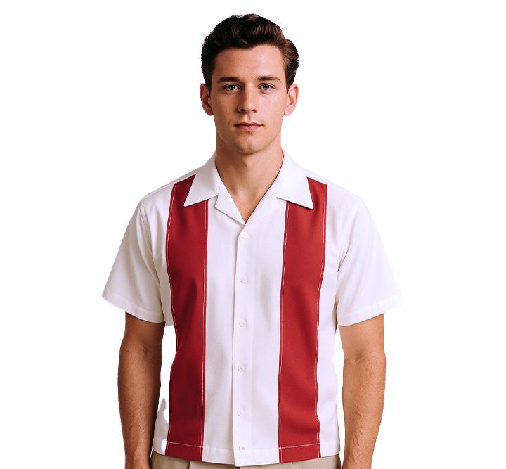 Man wearing a red and white striped shirt on a white background