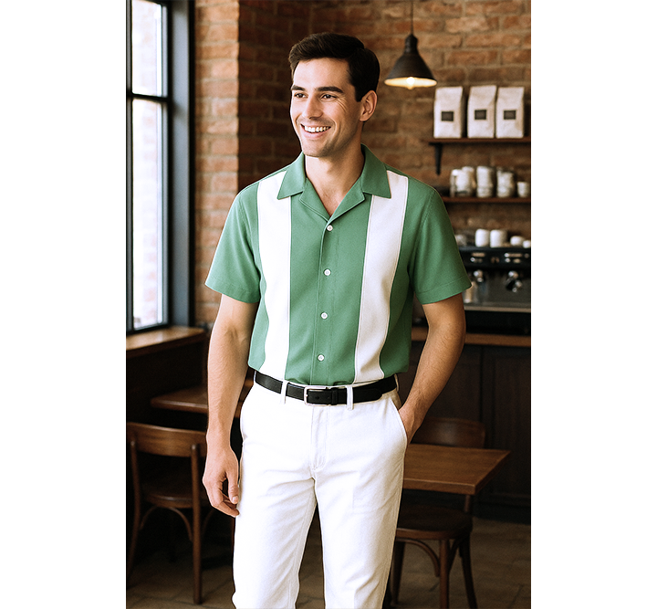 Man wearing a sage shirt with white stripes and white pants standing in a casual setting