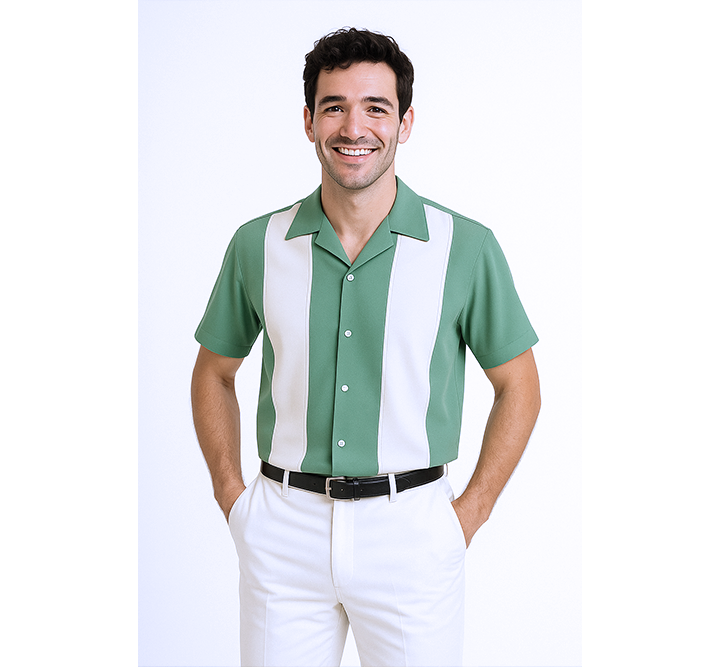 Man wearing a sage and white striped shirt on a white background