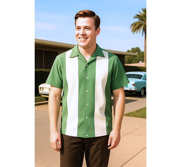 Man wearing a sage and white striped shirt standing in front of a house with a car and palm tree in the background.