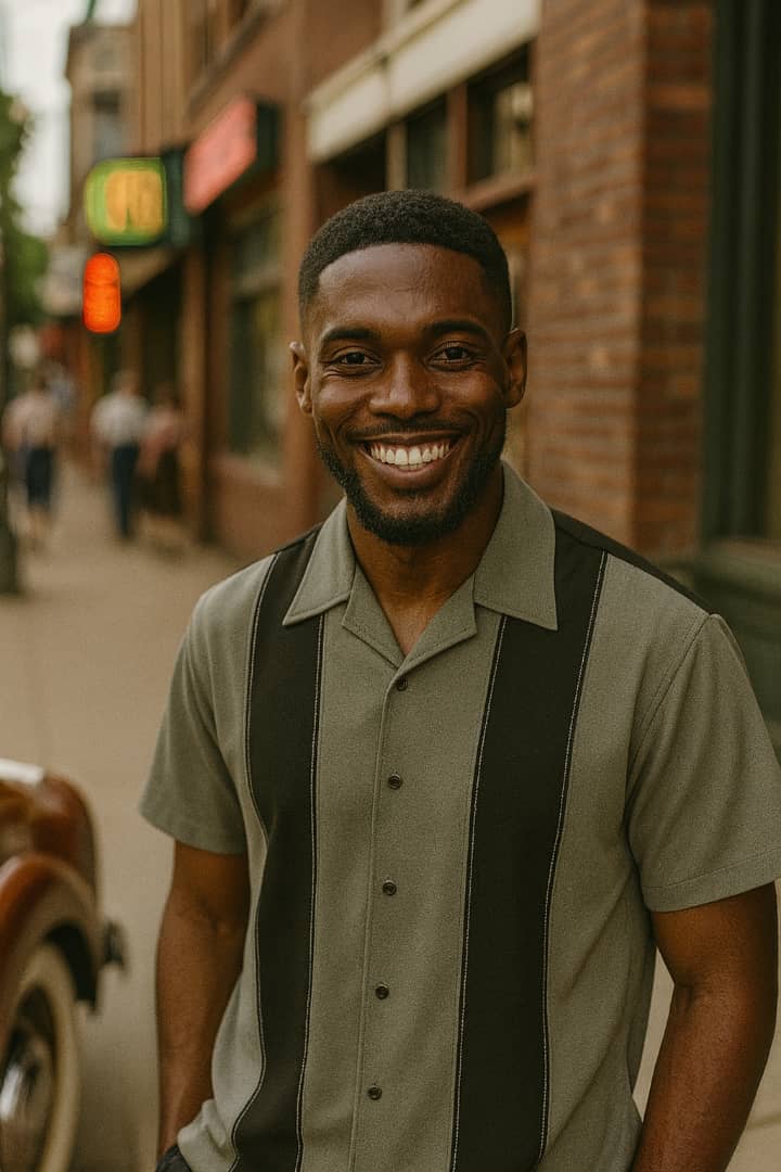 Man wearing a green shirt with a black vest standing on a street.