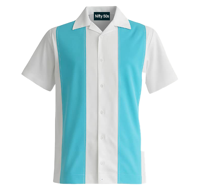 Short-sleeve shirt with aqua and white vertical stripe on a white background