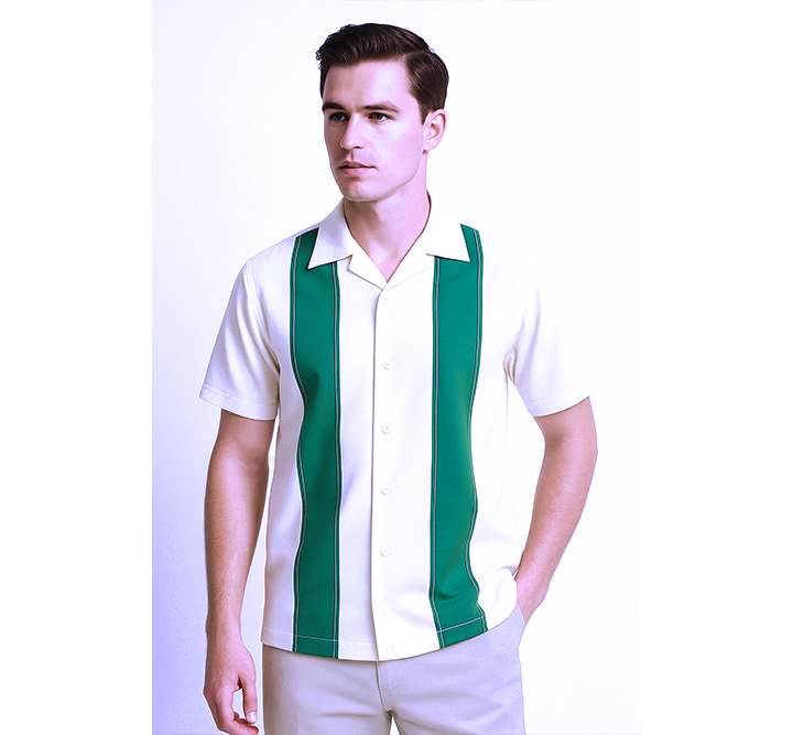 Man wearing a white shirt with green vertical stripes on a white background