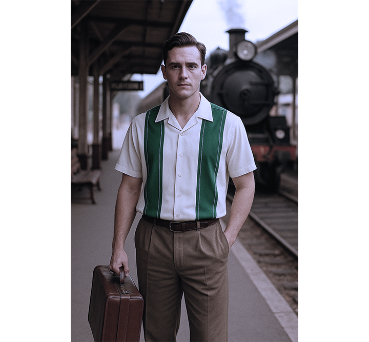 Man in vintage attire with a suitcase at a train station