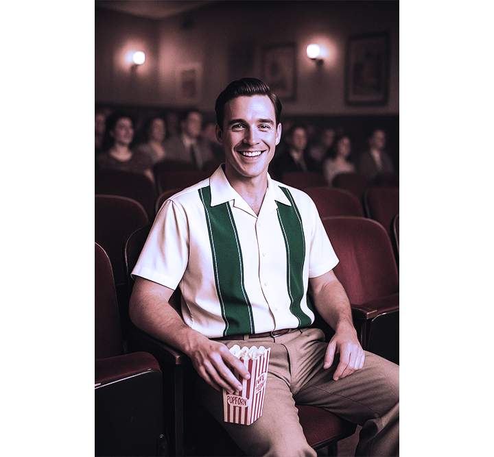 Man sitting in a movie theater holding popcorn, wearing a striped shirt and pants.
