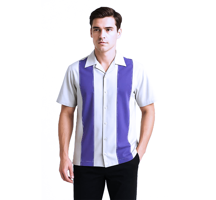 Man wearing a white and lilac striped shirt on a white background