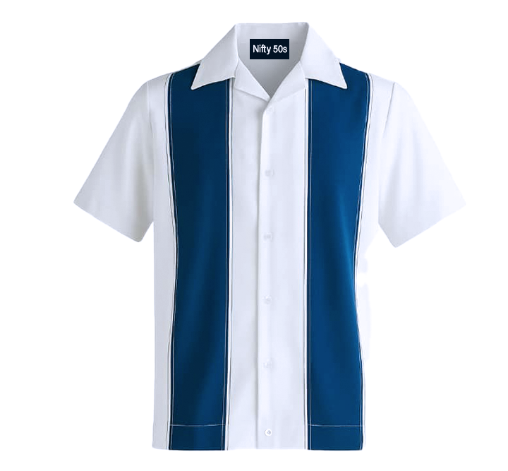 White shirt with navy stripes and 'Nifty 50s' label on a white background