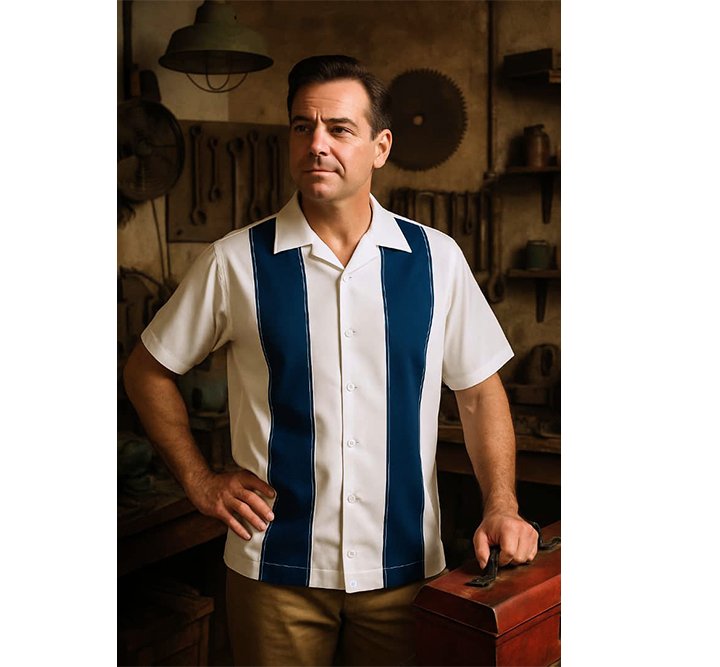 Man wearing a white shirt with Navy stripes in a rustic setting