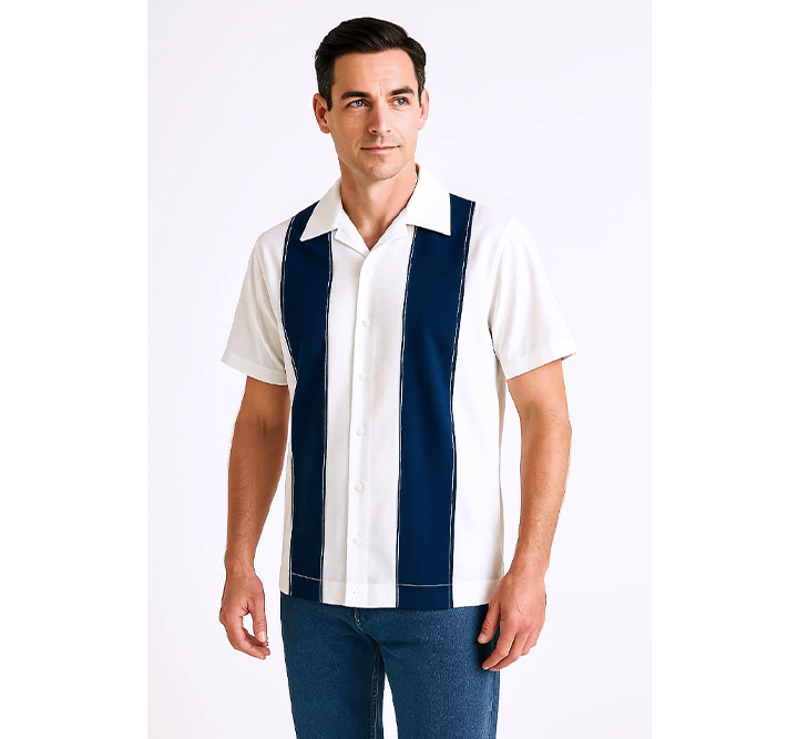 Man wearing a white and navy striped shirt on a white background