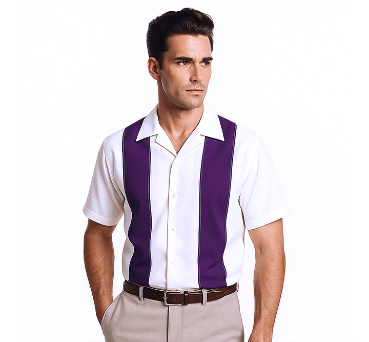 Man wearing a white shirt with  purple Stripes on a white background