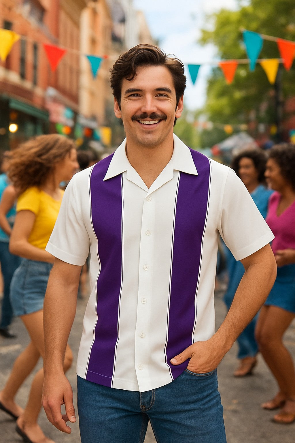 Man wearing a purple and white striped shirt in a lively street scene with colorful flags.
