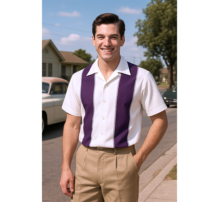 Man wearing a white shirt with a purple stripes and beige pants standing on a street.