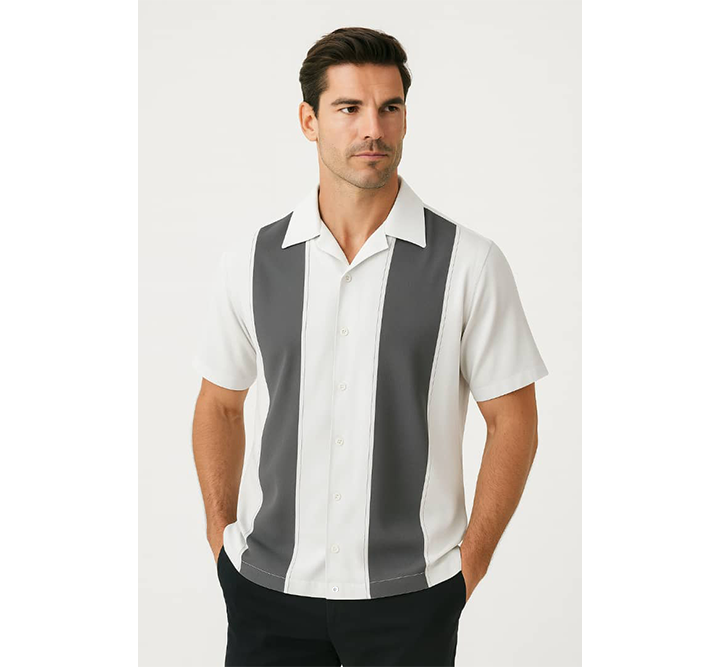Man wearing a white shirt with silver vertical stripes on a white background