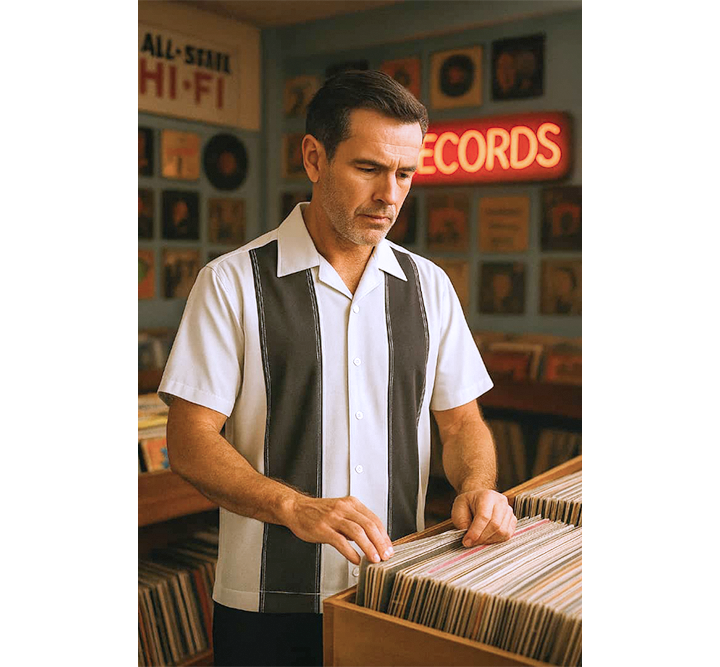 Man browsing records in a record store with neon sign and vinyl records on shelves.