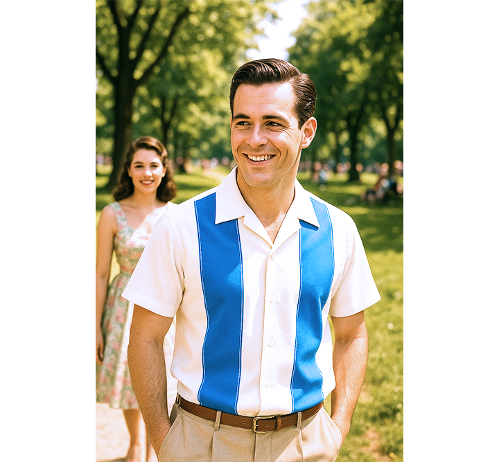 Man wearing a lagoon and white striped shirt with a vest in a park setting