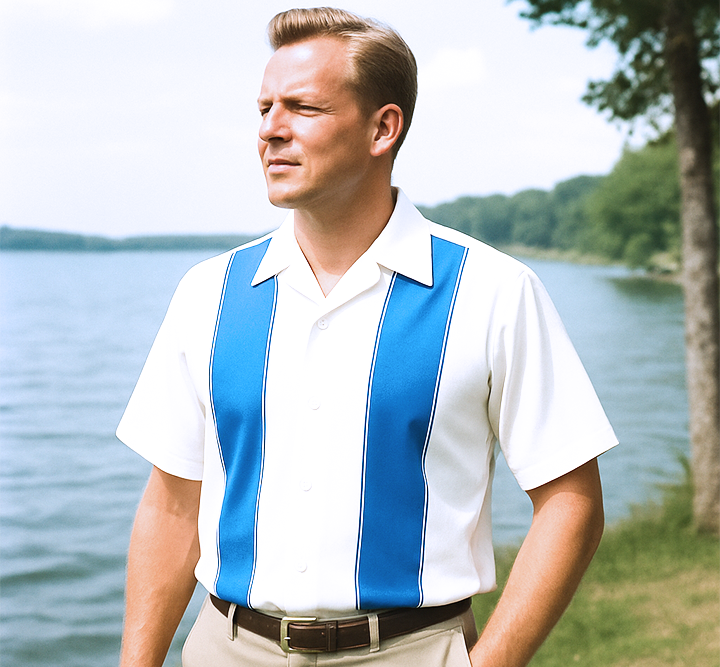Man wearing a white shirt with Lagoon  standing by a lake.