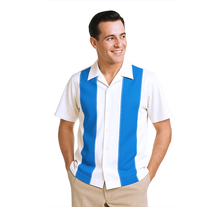 Man wearing a white shirt with lagoon vertical stripes on a white background