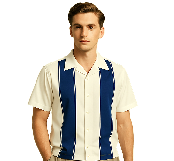 Man wearing a Cream shirt with Navy vertical stripes on a white background