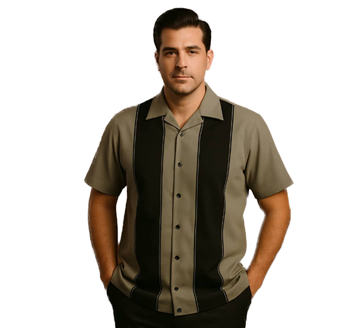 Man wearing a vintage-style shirt with a black and beige color scheme on a white background