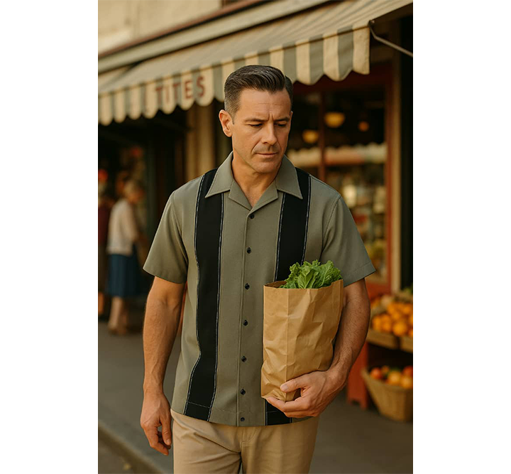 Man holding a paper bag with groceries in front of a store with an awning.